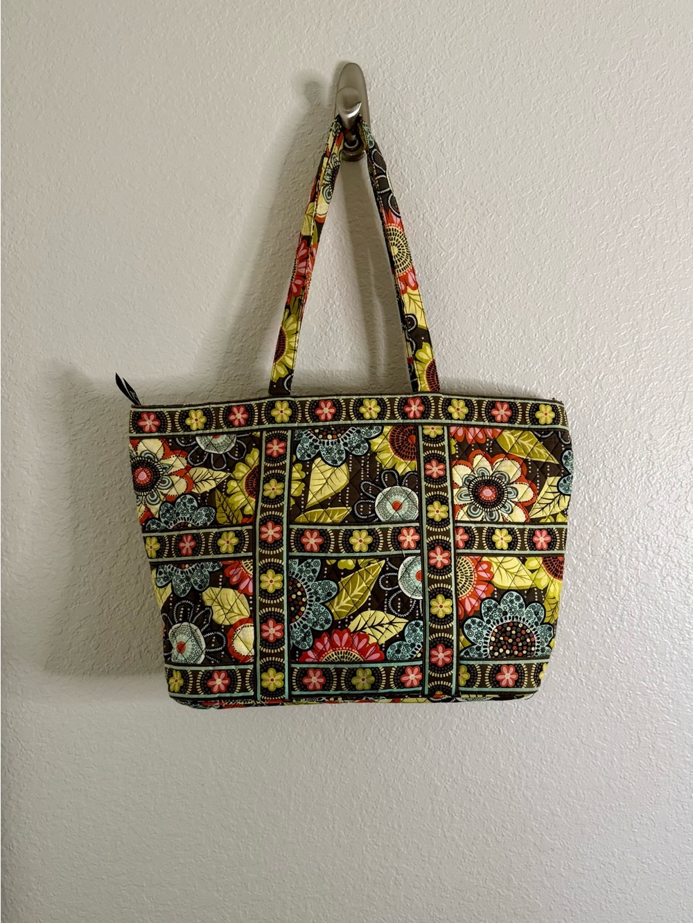 Vera Bradley Flower Shower Quilted Floral Zip Tote Brown Orange Yellow